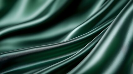 Obraz premium Elegant dark green silk fabric with smooth flowing waves and gentle folds creates luxurious textile background with soft sheen and dramatic lighting effects.