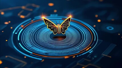A glowing digital butterfly surrounded by circular, illuminated patterns and binary code elements on a dark background. - Powered by Adobe