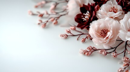 Delicate pink and burgundy paper flowers with small buds arranged on white background, soft focus floral composition creates romantic mood for wedding design.