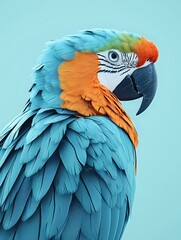Obraz premium Vibrant blue and orange macaw parrot profile against light blue background showcasing detailed feather texture and distinctive curved beak in close-up portrait.