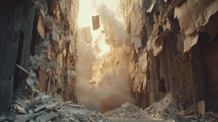A dramatic scene of a crumbling building with debris and dust, illuminated by sunlight, suggesting destruction