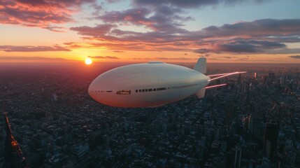 Naklejka premium Futuristic Airship Soaring Above Cityscape at Sunset