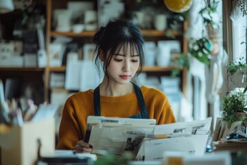 Fototapeta premium Young Asian woman owner of small online store packing customer orders in the home office