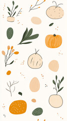 illustrated vegetables and plants in soft colors, organic and natural-themed designs
