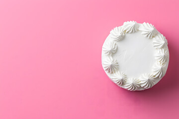 Top view white round birthday cake with no decorations mock up, isolated on light pastel background, with copy space for text