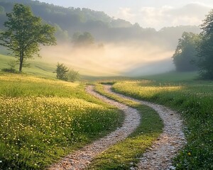 Obraz premium Misty valley path sunrise meadow serenity