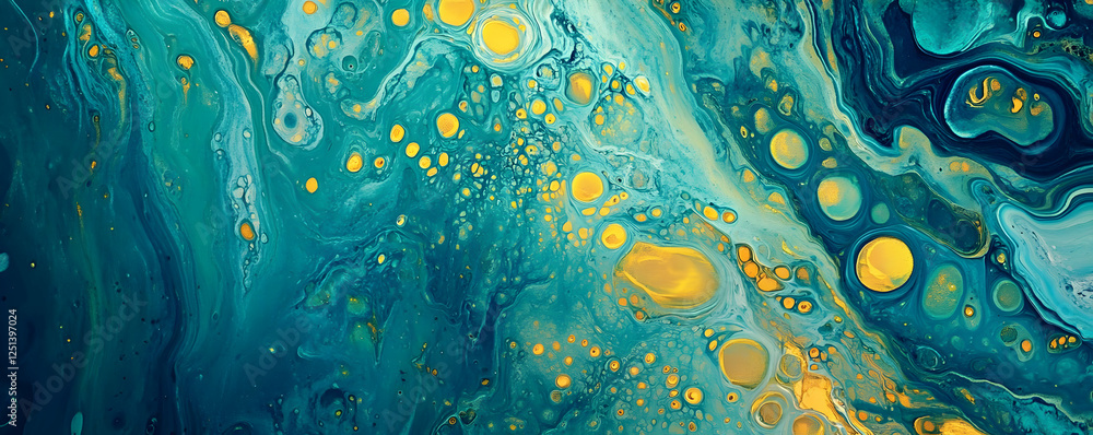 Aufkleber abstract fluid art with vibrant turquoise and gold colors creating a mesmerizing pattern