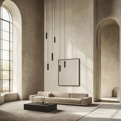 Modern Minimalist Interior Design in Spacious Living Room with Elegant Furniture and Large Windows