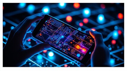 Mobile Device with UI Overlay in Hands,  Cyberpunk Data Visualization, Tech Background