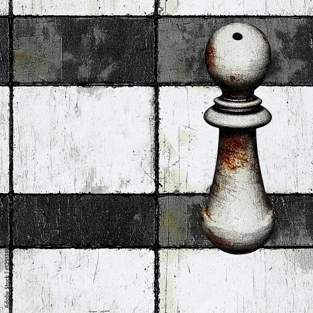 Poster contrasting thoughts over a distressed chessboard pattern with a single pawn piece illuminated