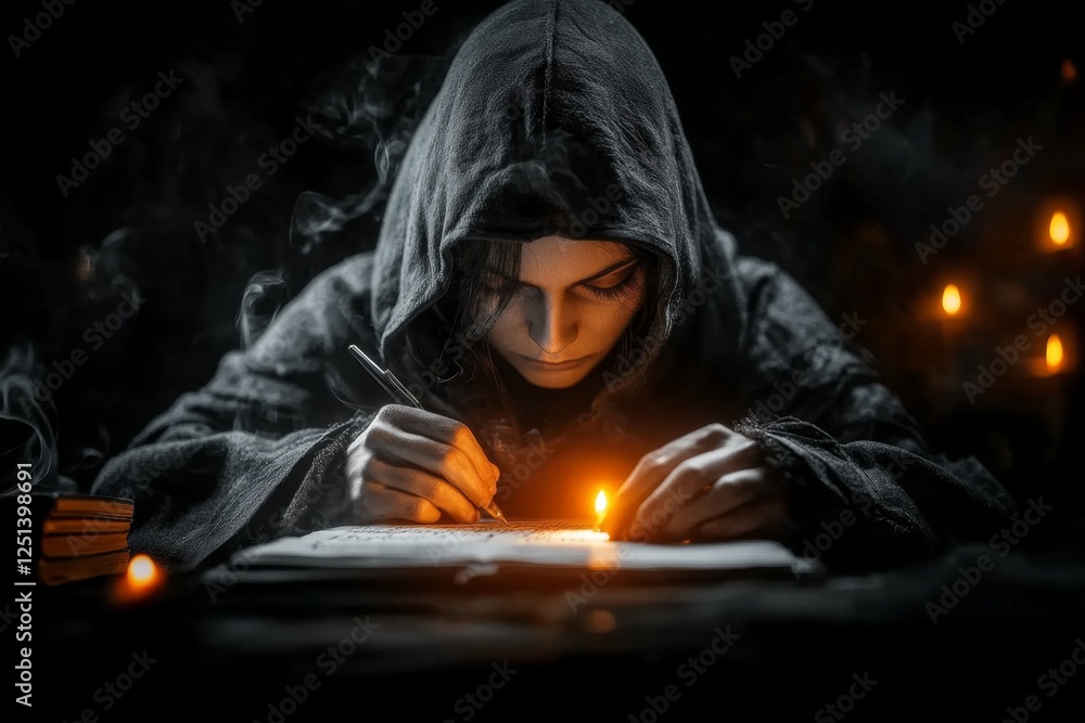 Poster a gothic-style candlelit study chamber where a mysterious scholar takes an ancient placement test wr