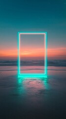  Neon Frame with Rectangular Teal and Gold Lights, Coastal Beach Shoreline, and Ocean Waves. Copy space. Generative AI