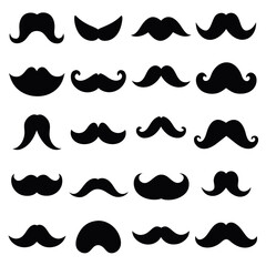 A diverse set of black silhouette mustache shapes, perfect for graphic design, social media posts, or print projects.