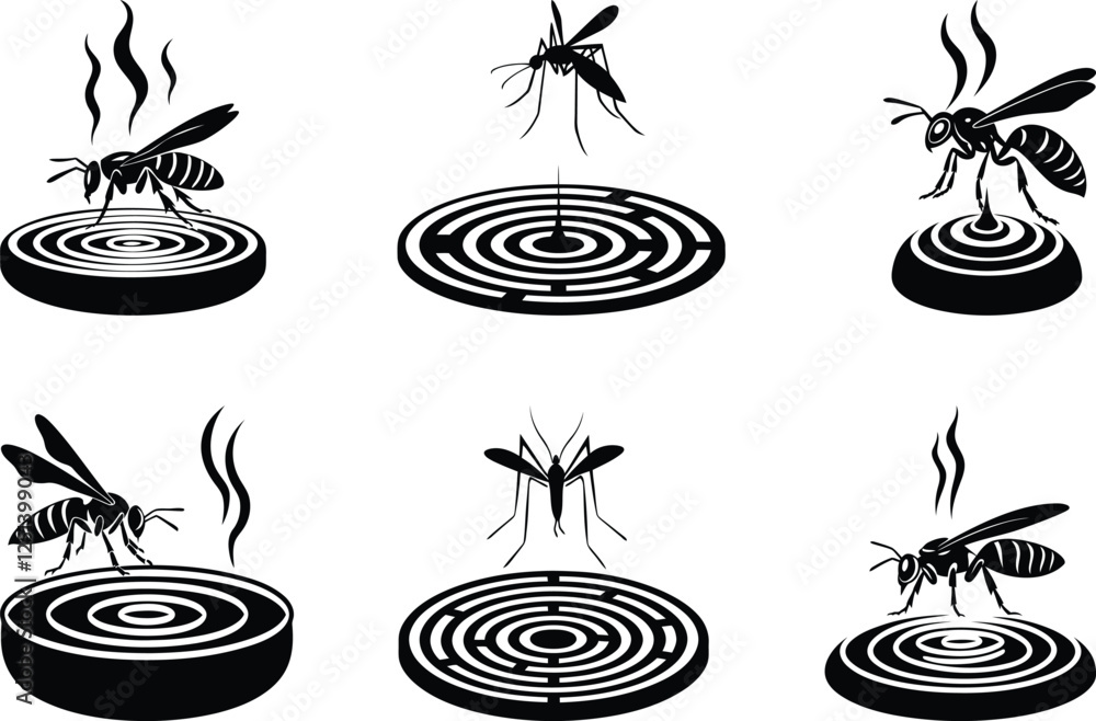 Poster set of a mosquito on top of a smoke coil circular object isolated line art and silhouette vector art