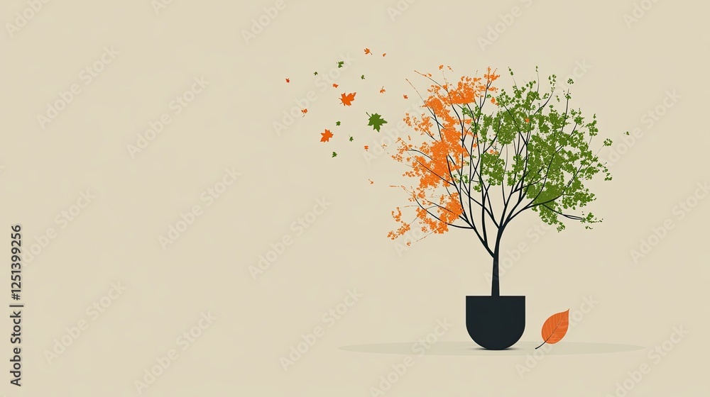 Poster creative minimalism depicting a tree with a single leaf on a serene pastel backdrop