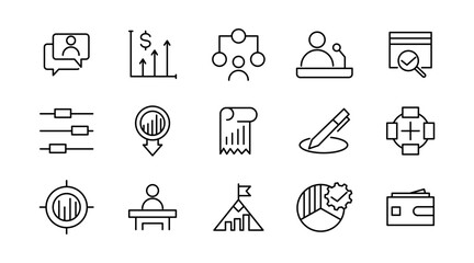 Business management line icon set. Efficiency, business meeting, employee, flow chart, success, analytics, target, vision, mission, values, outline icon collection. UI thin outline icon set