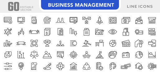 Business management line icon set. Efficiency, business meeting, employee, flow chart, success, analytics, target, vision, mission, values, outline icon collection. UI thin outline icon set