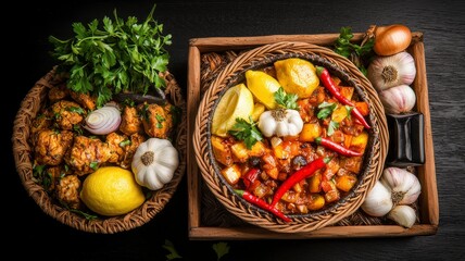 Moroccan cuisine tagine ingredients concept. A vibrant display of delicious food, featuring a colorful vegetable dish with spices, garnished with fresh herbs, accompanied by fried snacks and fresh.