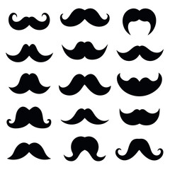 A diverse set of black silhouette mustache shapes, perfect for graphic design, social media posts, or print projects.