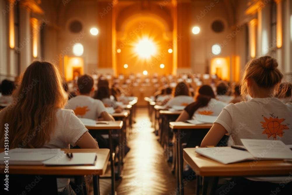 Poster A group of students taking a placement test in a large exam hall with desks arranged in neat rows