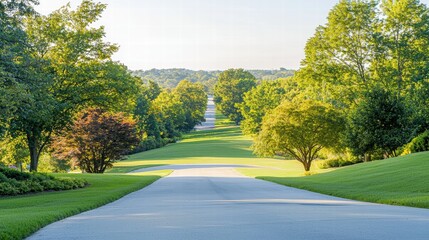 Fototapeta premium Scenic Winding Road Surrounded by Lush Green Trees in a Peaceful Countryside Landscape