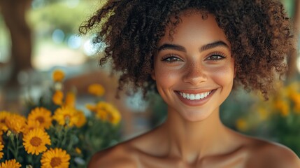 A cheerful young woman with a radiant smile is enjoying a family brunch surrounded by fresh spring flowers.