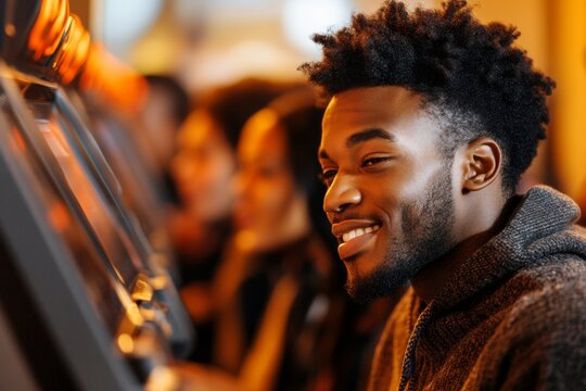 A group of employees lining up to clock in at a workplace attendance machine