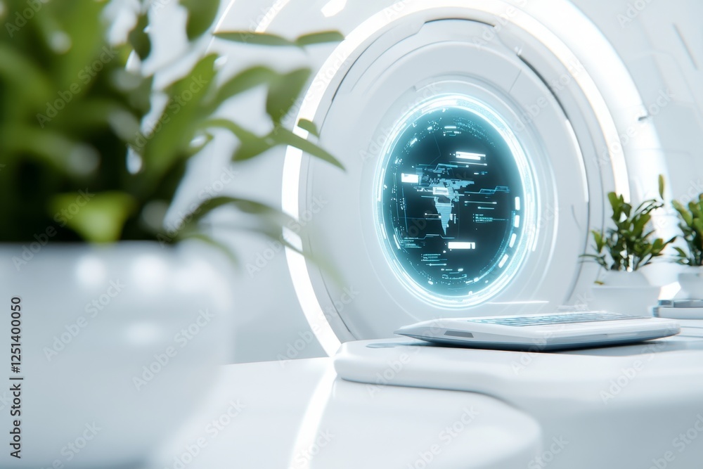 Poster a high-tech futuristic full-time office where employees work with holographic interfaces and ai assi