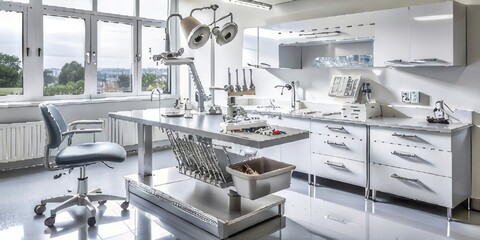 Modern medical examination room interior design featuring a stainless steel examination table with various medical instruments and a comfortable adjustable chair near a large window