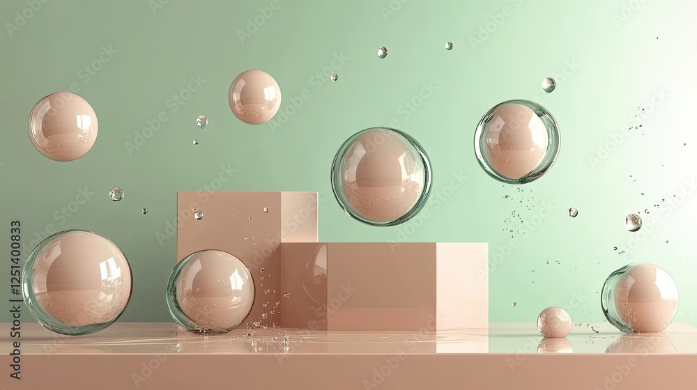 Poster Floating Spheres Create Serene Harmony in a Balanced Minimalist Lime Cream Composition
