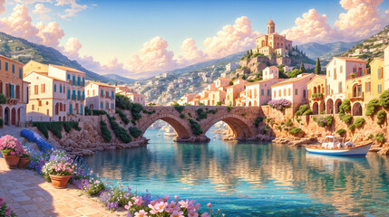 Small town on the Mediterranean Sea with flowers and mountains in the background, oil painting illustration.