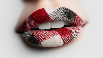 Close-up of artistic lips with a colorful knitted fabric pattern, showcasing creative makeup, fashion, and beauty in a highly detailed macro shot of textured lip art.