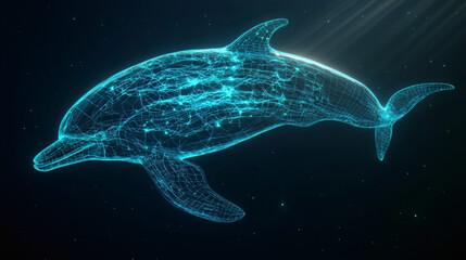 Fototapeta premium Dolphin swimming in the ocean surrounded by a network of connections and communication lines