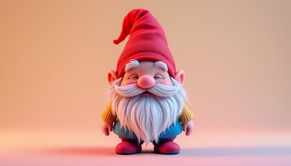 Obraz premium Cute Cartoon Gnome with Red Hat Smiling Contentedly in Studio