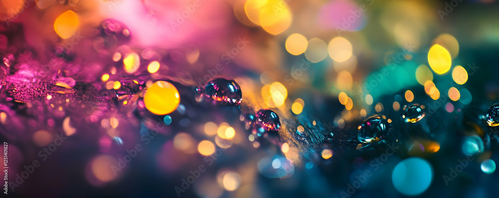 Poster vibrant macro shot of colorful water droplets on a reflective surface with bokeh