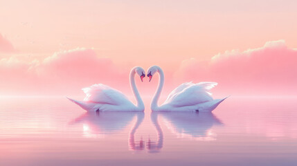 Elegant Swans Create a Heart Symbol on a Calm Lake During Sunrise With Soft Pastel Colors in the Sky and Water
