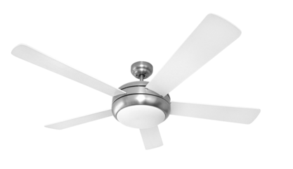 Modern ceiling fan with light rotating on white background