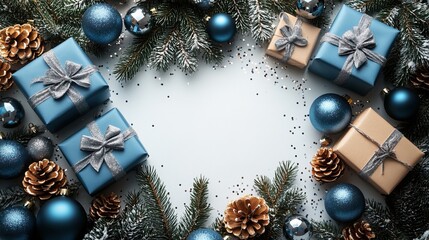 A Christmas Eve concept of blue and silver baubles, present boxes with ribbon bows, disco balls, snow-covered pine branches, and confetti, arranged on an isolated white background with empty space.