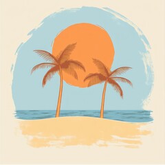 Obraz premium Tropical Sunset Beach Scene With Two Palm Trees