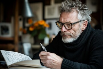 A modern philosopher deep in thought, writing down new ideas about the universe