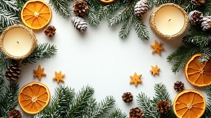 A Christmas Eve concept top view photo of spruce branches, mistletoe berries, candles, rattan stars, dried orange slices, and snowflakes on a white background with copyspace.