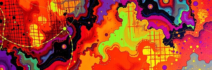 Abstract vibrant painting in orange, purple, and green
