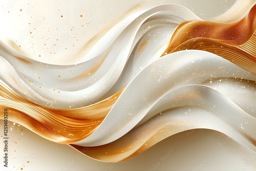 Poster an elegant abstract background featuring flowing waves of white and golden hues, creating a serene a