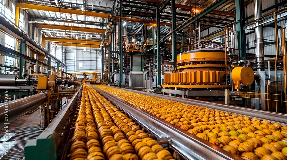 Poster modern automated food production line with fresh oranges moving on conveyor belt in processing facil