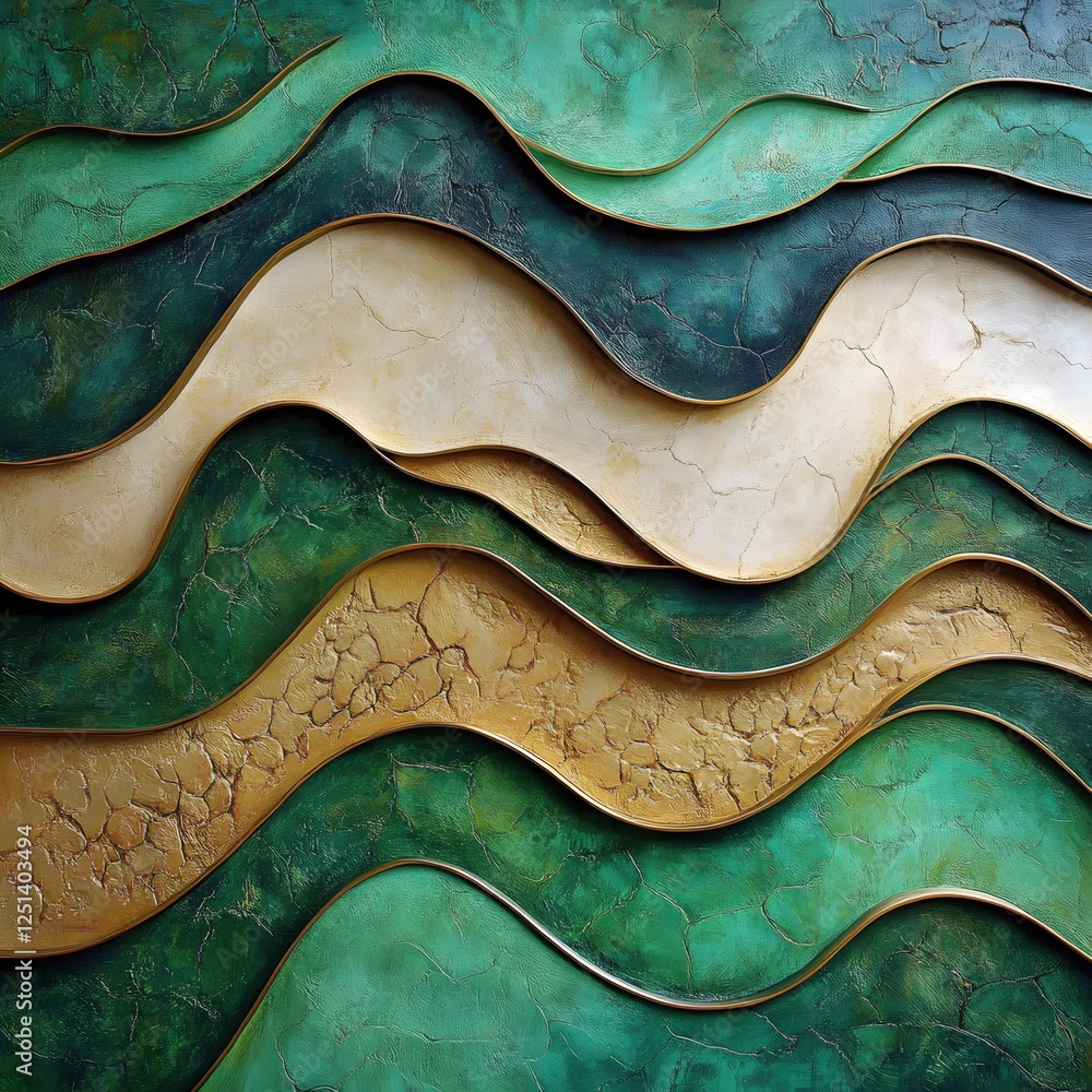 Poster elegant abstract art with flowing green and gold waves creating a serene and stylish design