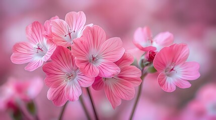 Fototapeta premium Delicate pink mallow flowers in bloom against soft blurred background, close-up view showing detailed petals and stamens in gentle spring lighting.