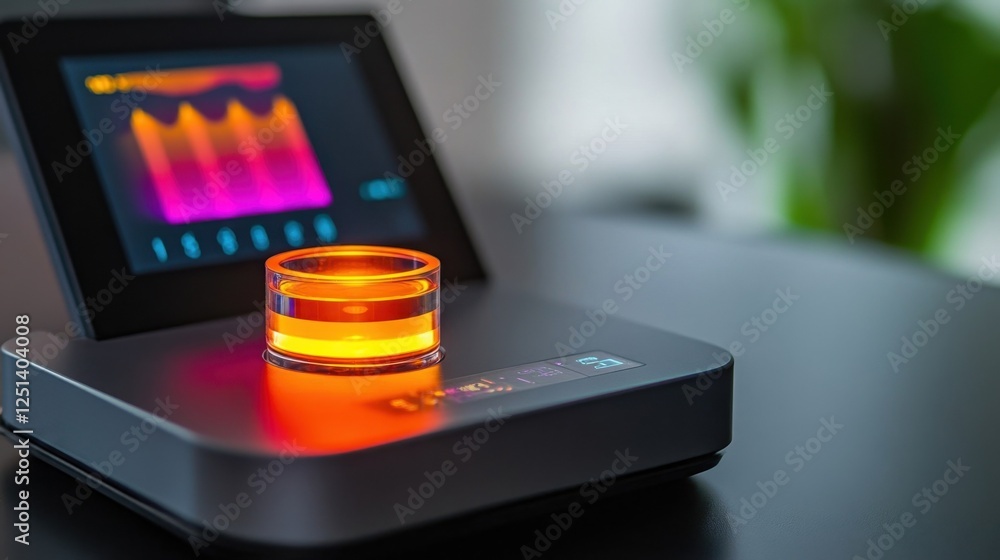 Poster high tech laboratory device analyzing a glowing liquid sample. the digital display shows data, indic