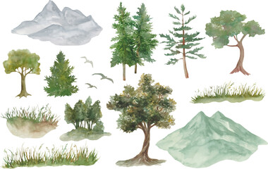 Watercolor set  with pine trees, fir trees,  mountains, and grassy landscapes. Hand drawn illustration. Vector EPS.