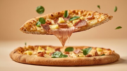 Crispy Golden Pocket Pizza Showcasing Delicious Hawaiian Flavors in Mid Air