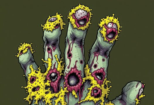 Creepy Zombie Hand Illustration with Wounds and Yellow Growth